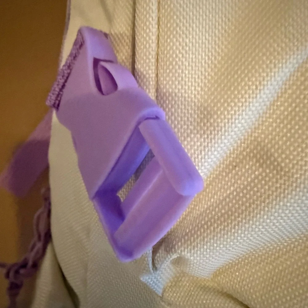 Cream Backpack with Purple Accents and Plush Keychain